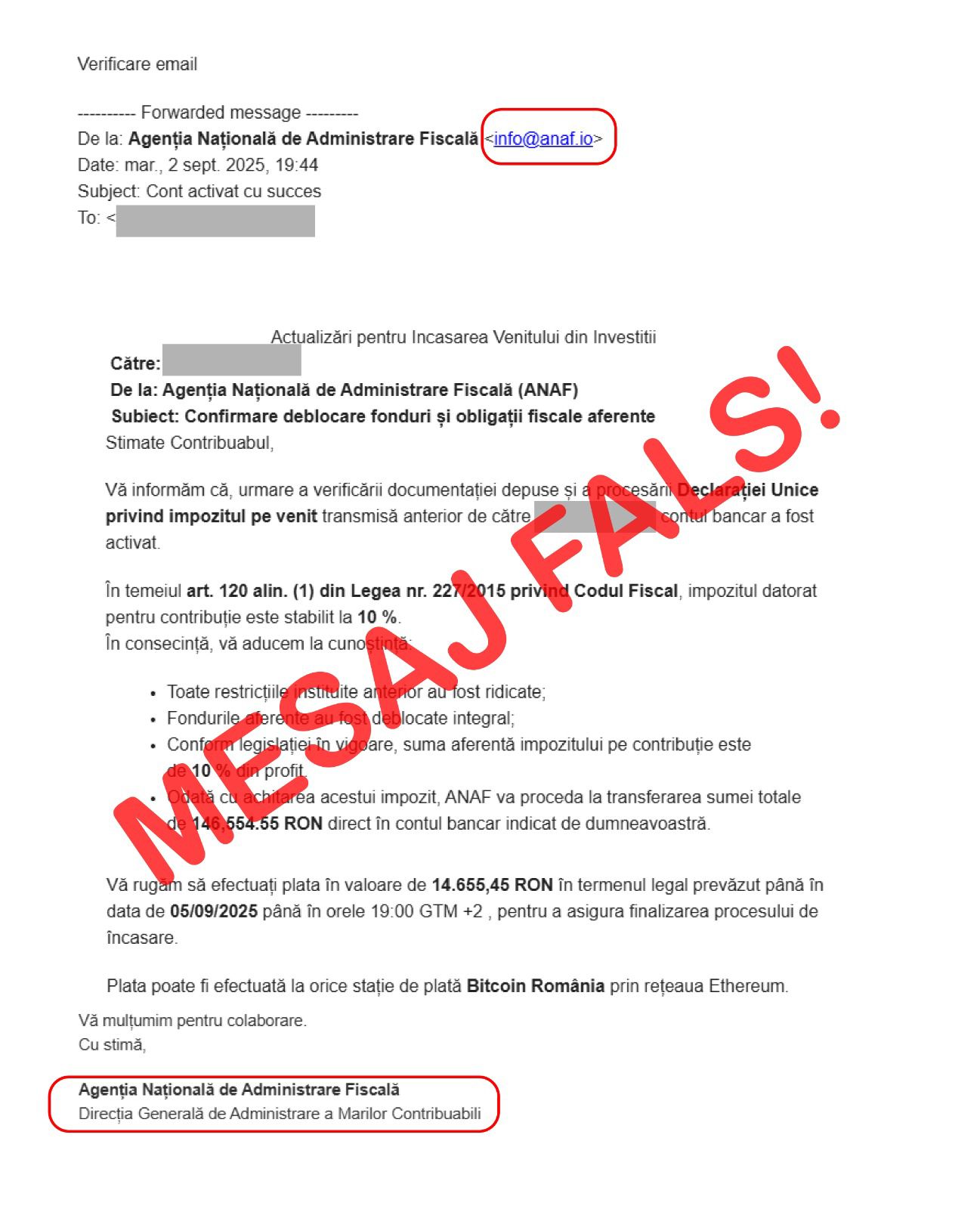 anaf mesaj fals escrocherie