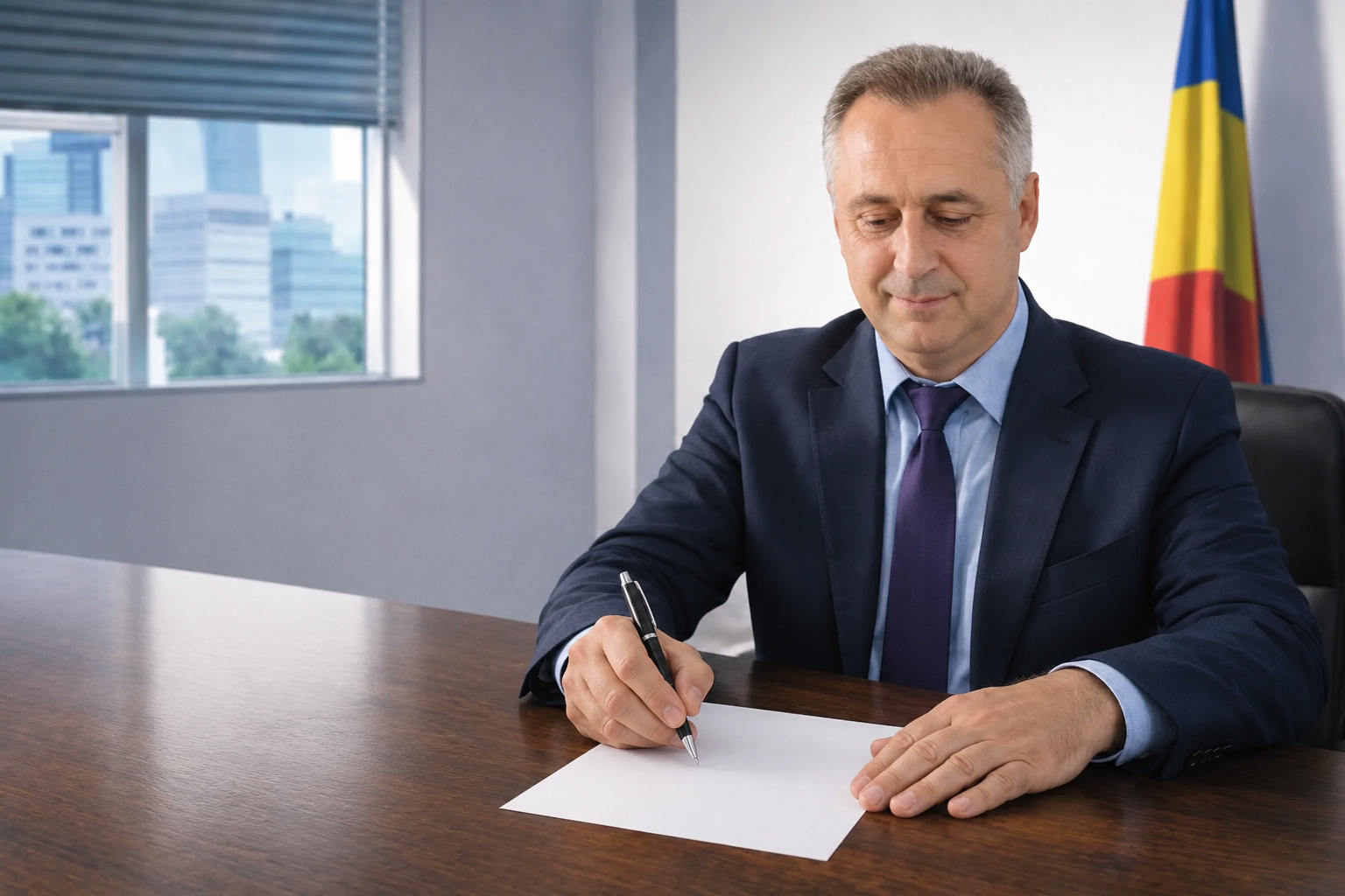 Infografie cu Mihai Savin, președintele Autorității Vamale Române, semnând un document