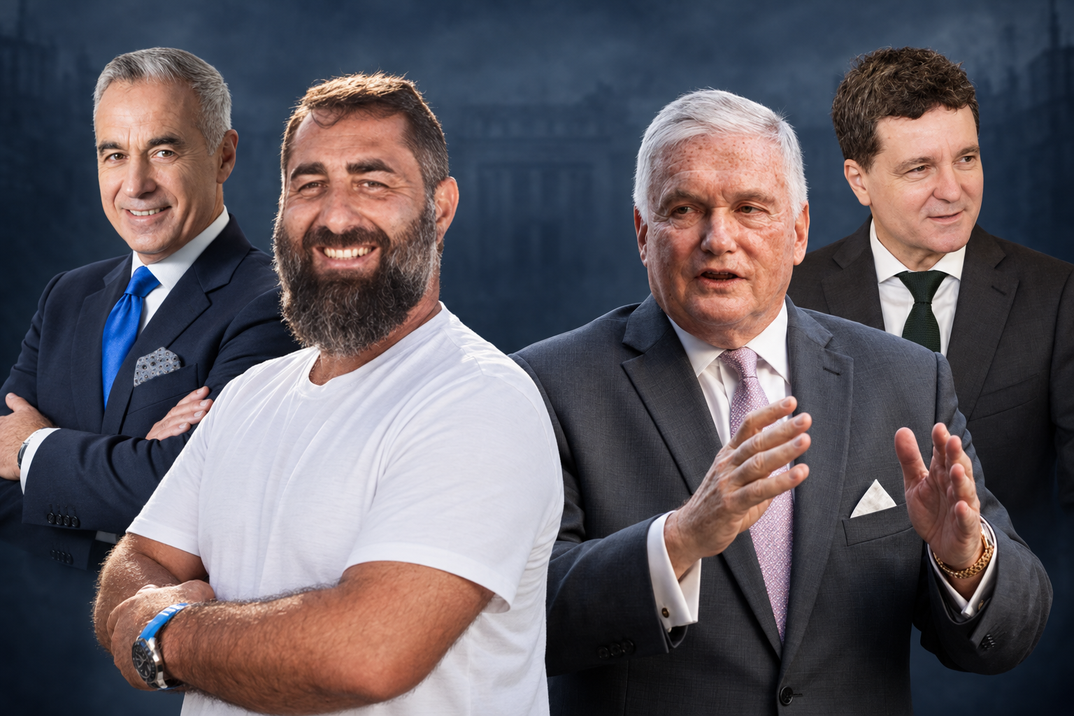 colaj cu Ionel Rusen (stânga jos), Călin Georgescu (stânga sus), Adrian Zuckerman (dreapta jos) și Nicușor Dan (dreapta sus).