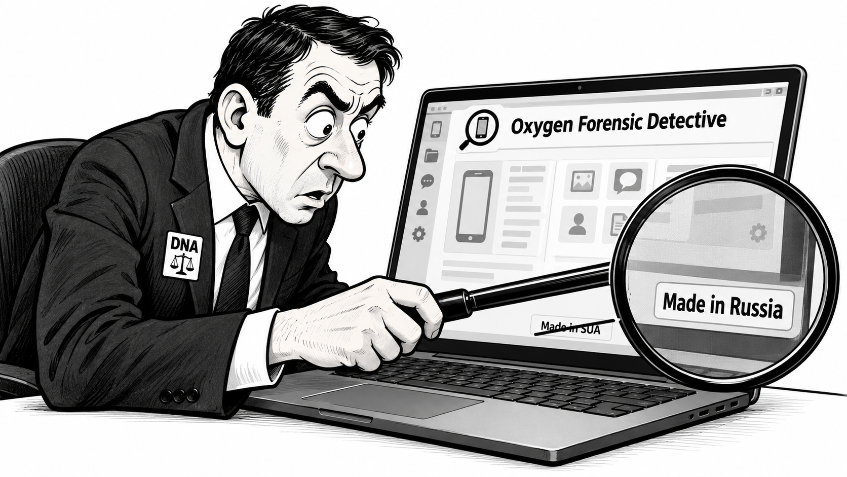 Ilustrație care prezintă faptul că DNA folosește softul Oxygen Forensic Detective