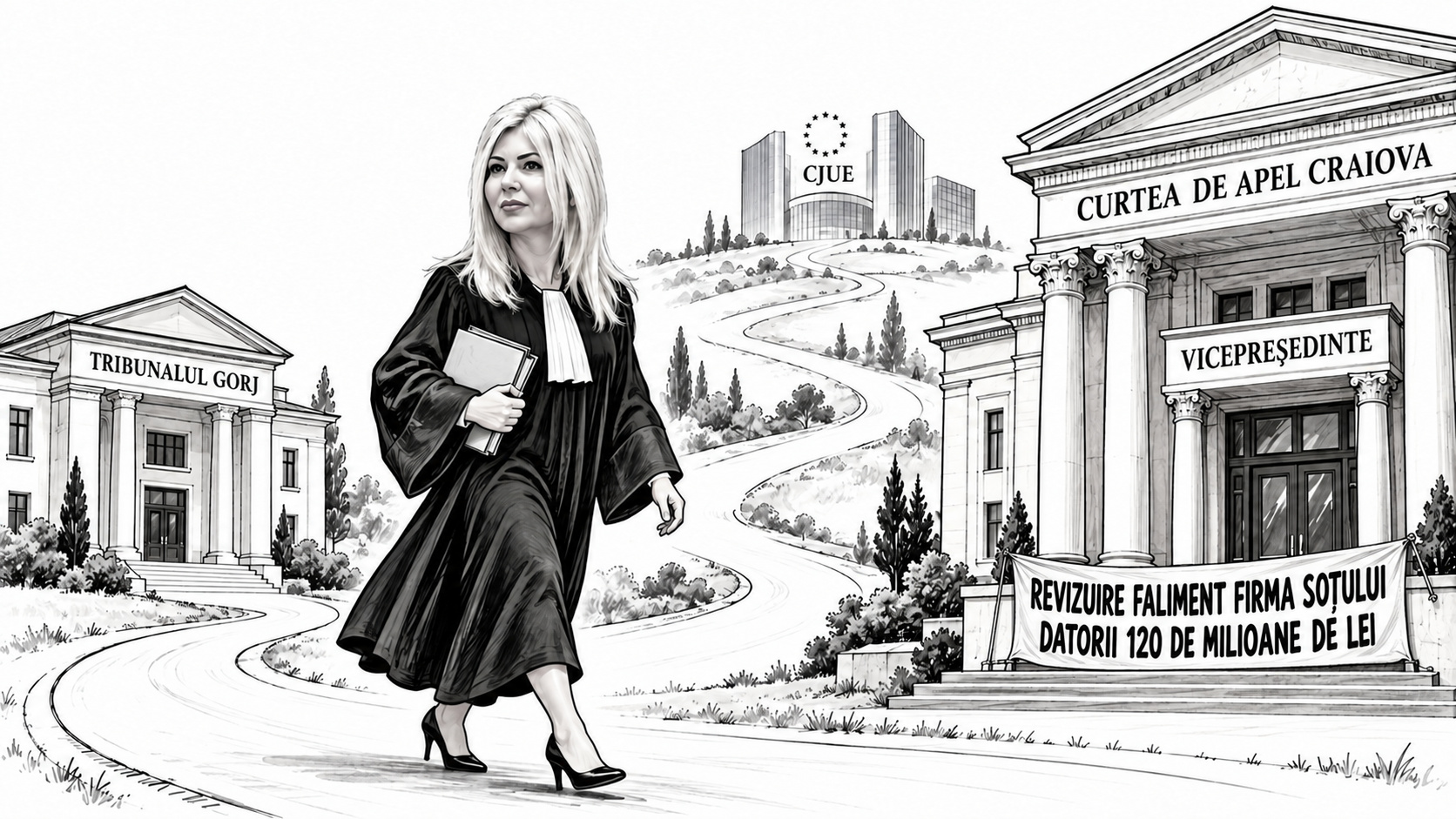 Ilustrație care redă faptul că falimentul prin care firma soțului este judecat la instanța unde Laura Mihaela Sarcina s-a transferat de curand.