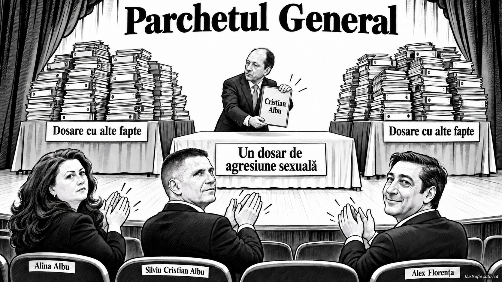 Ilustrație care prezintă părțile implicare în ancheta agreisunilor sexuale realizate de Silviu Cristian Albu