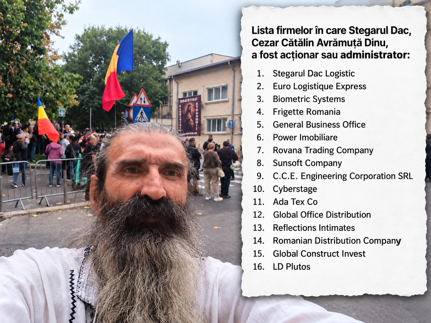 Ilustrație cu Stegarul Dac și lista firmelor în care el a fost acționar sau administrator.